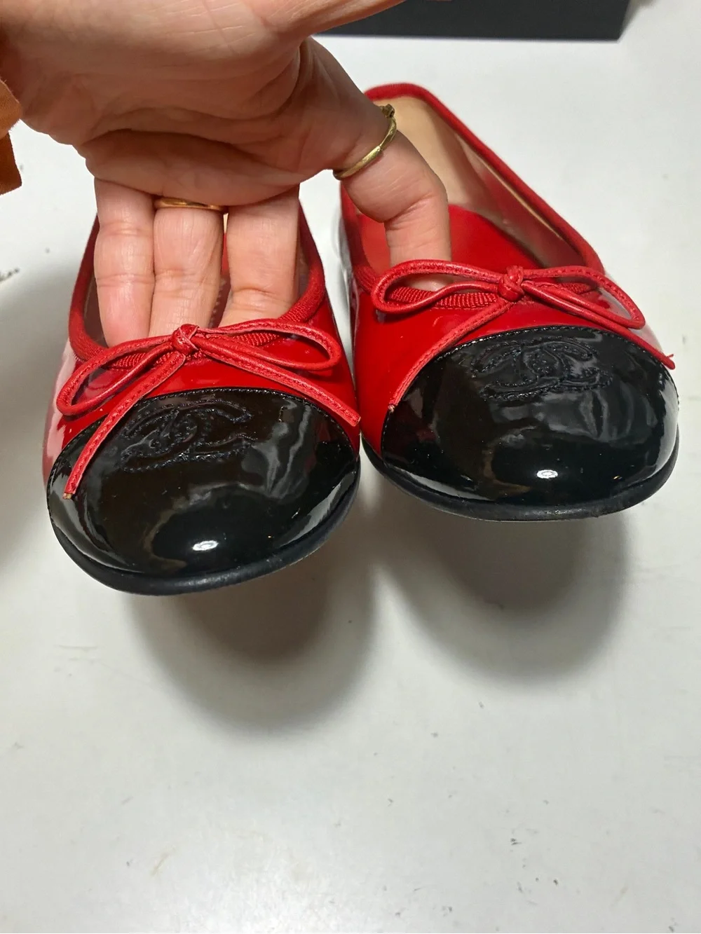 CHANEL Red and Black Patent Cap-Toe Ballet Flats